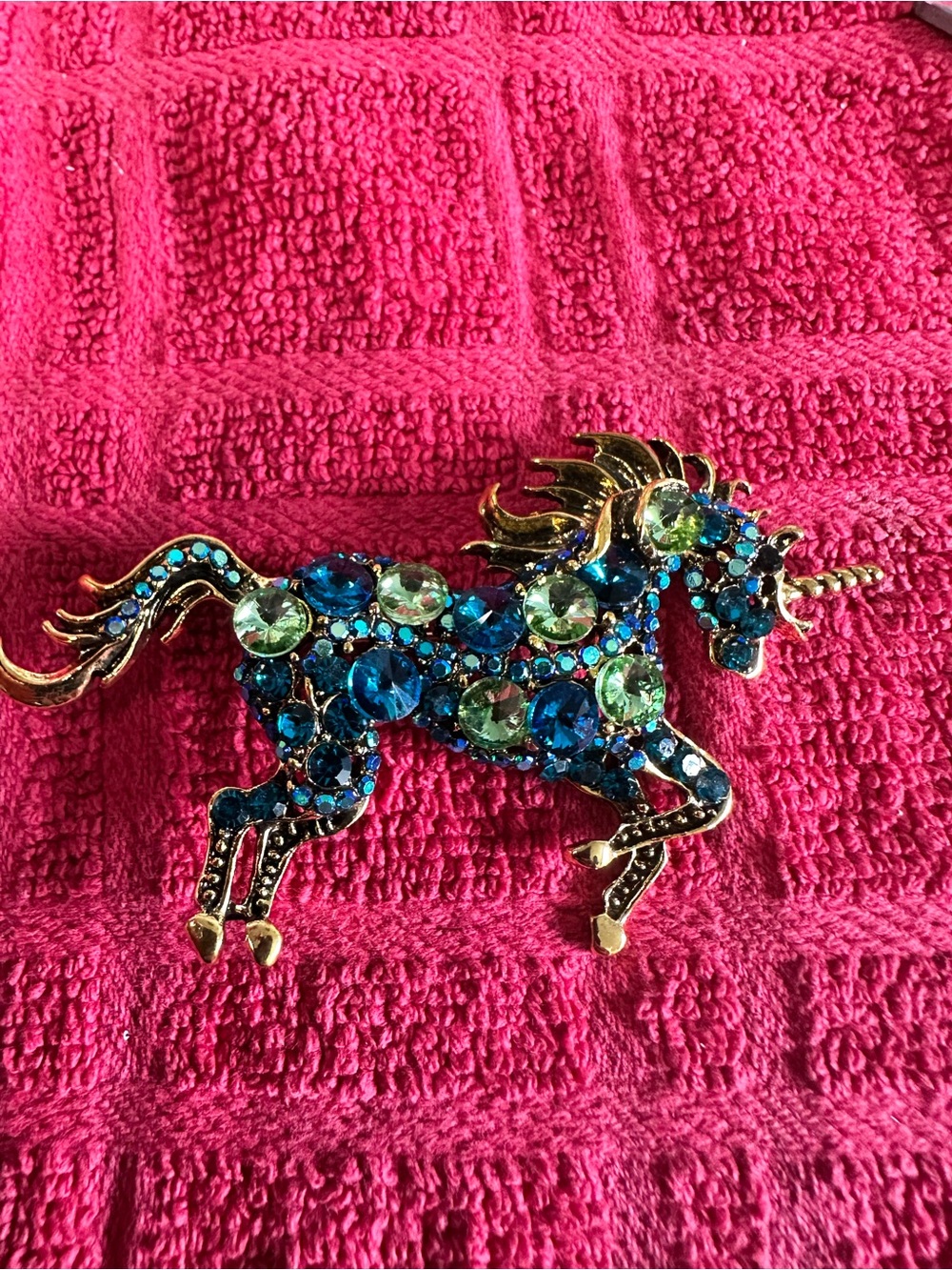Blue & Green Crystal Unicorn Brooch - Women's Jewelry